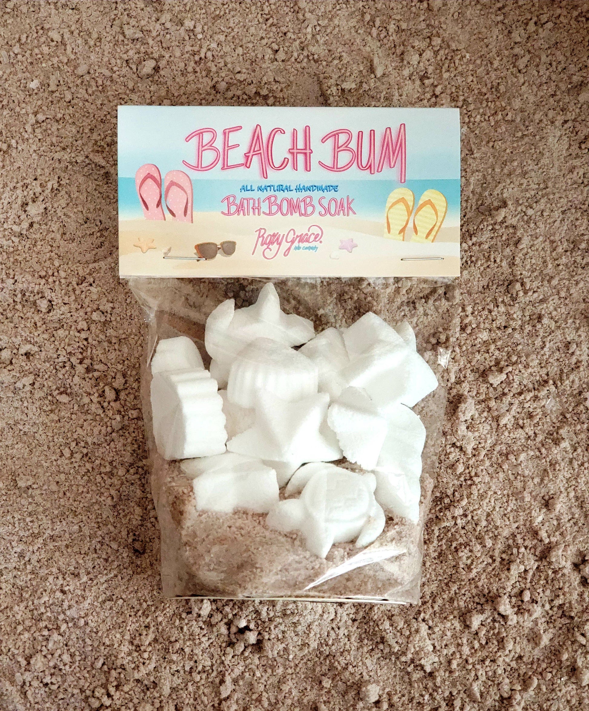 Beach Bum Bath Soak: Handmade bath soak with seashell and sea creature shapes, Caribbean coconut oil. Available in 4oz and 8oz.