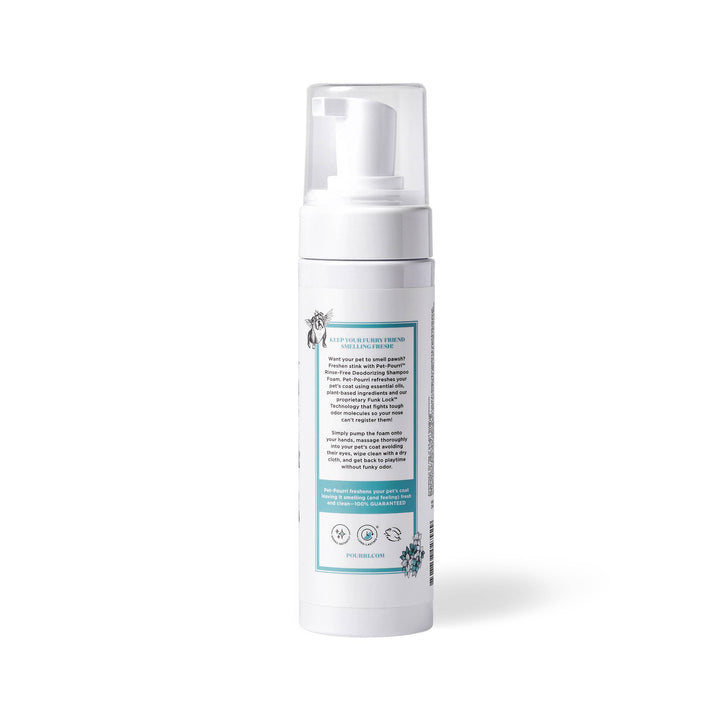 Pet~Pourri Pawsitively Fresh Rinse-Free Deodorizing Shampoo, white bottle with pump, blue-and-white label; sizes: 16 oz, 32 oz.