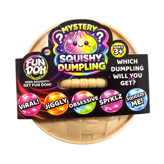 Fun Doh 4" Mystery Dumpling Squish Toy, size 4", ages 3+, with surprise sensory toy inside.