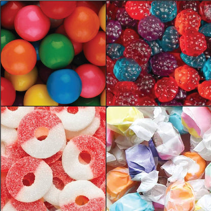 Colorful Mahjong Small Candy Bags, available in assorted sizes, filled with gumballs, gummy berries, peppermint rings, and taffy.