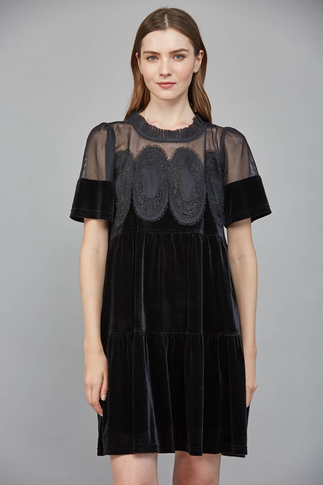 Contrast Sheer Mesh With Intricate Lace Detail Velvet Dress