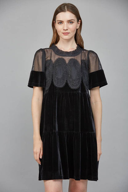 Contrast Sheer Mesh With Intricate Lace Detail Velvet Dress