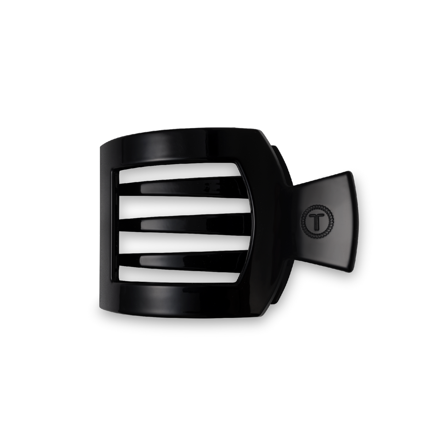 TELETIES Square Flat Hair Clip in black with vertical slotted openings, small handle, strong-grip design, and shiny finish. Available sizes: Small and Large.