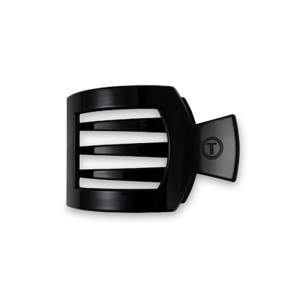 TELETIES Square Flat Hair Clip in black with vertical slotted openings, small handle, strong-grip design, and shiny finish. Available sizes: Small and Large.