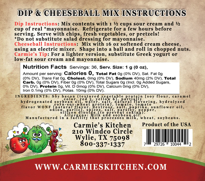 BLT Dip Mix from Carmie’s Kitchen with instructions, nutrition, ingredients, barcode, website details; available in 1 oz size.