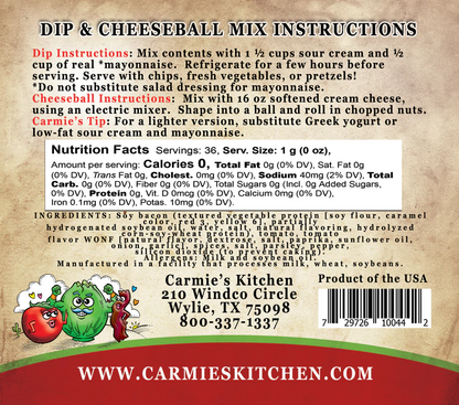 BLT Dip Mix from Carmie’s Kitchen with instructions, nutrition, ingredients, barcode, website details; available in 1 oz size.