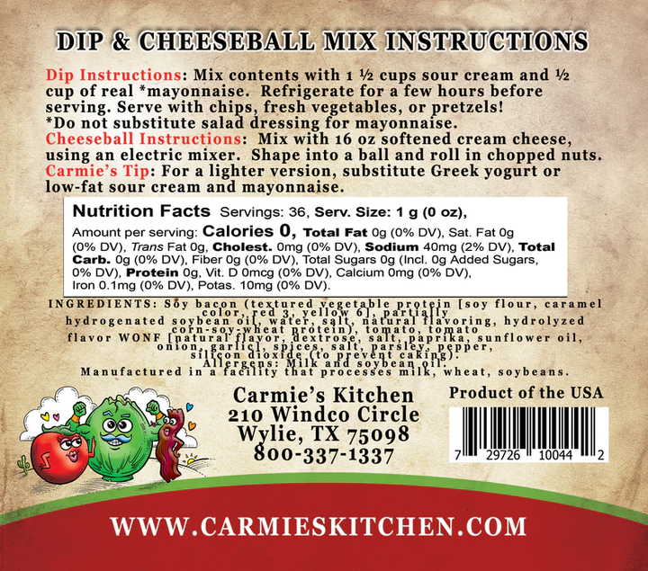 BLT Dip Mix from Carmie’s Kitchen with instructions, nutrition, ingredients, barcode, website details; available in 1 oz size.