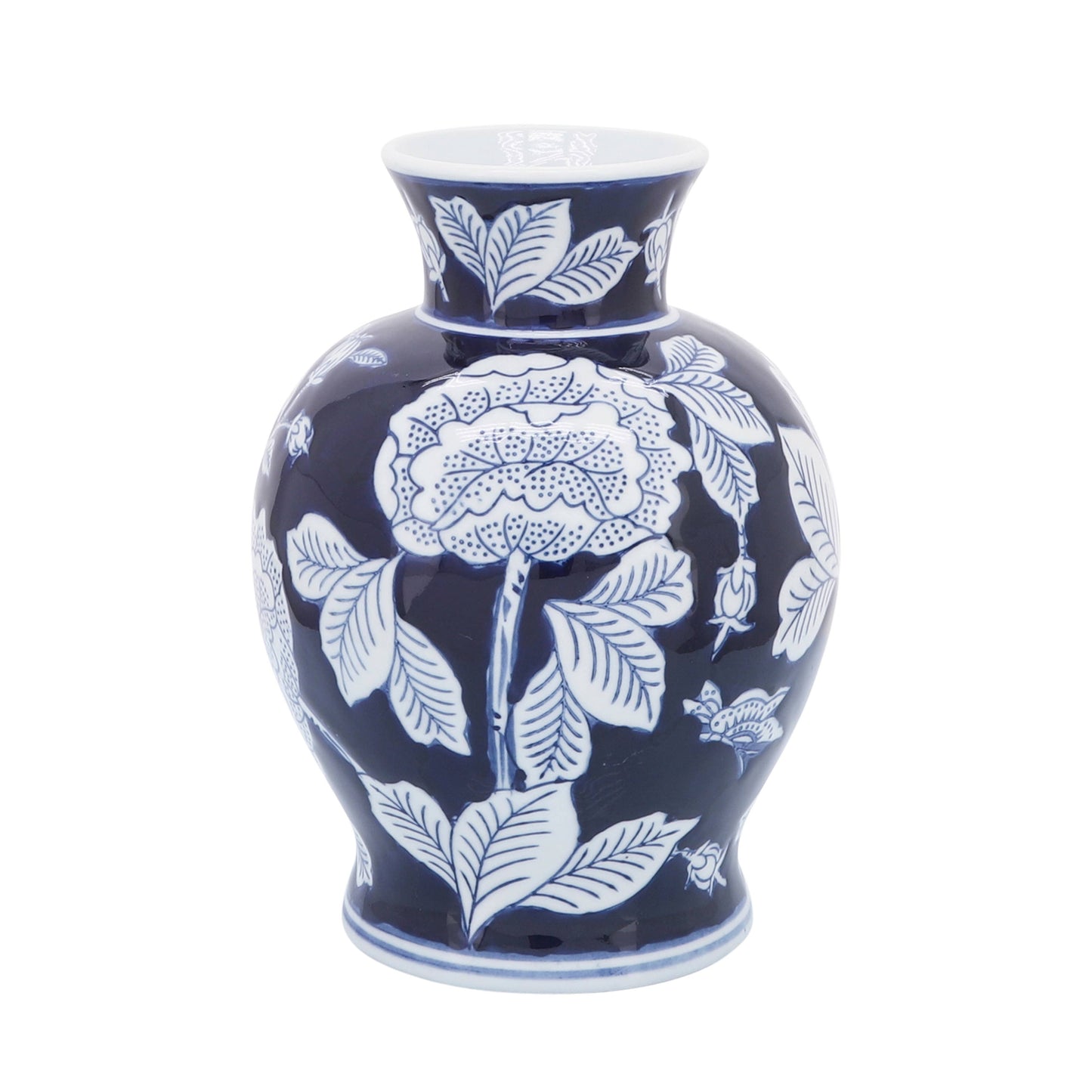 Blue ceramic vase, 9 in., with wide neck and intricate white floral and leaf patterns on a dark blue background.
