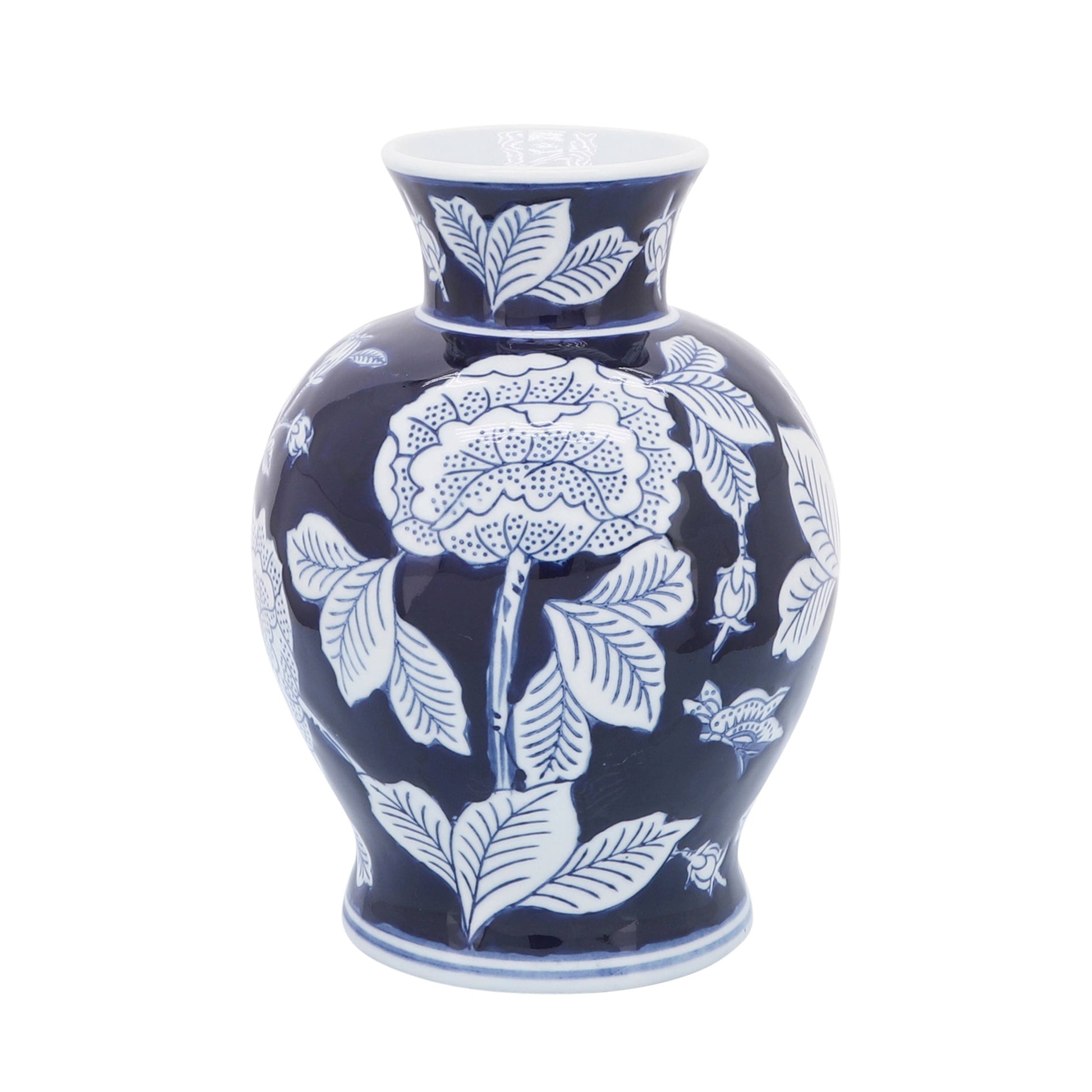 Blue ceramic vase, 9 in., with wide neck and intricate white floral and leaf patterns on a dark blue background.