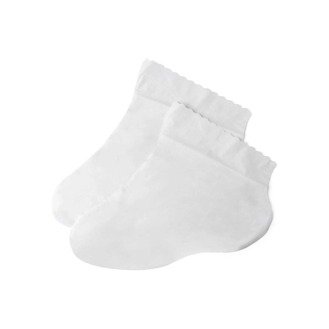 Two white Smooth It Over Hydrating Hand &amp; Foot Masks with scalloped cuffs.
