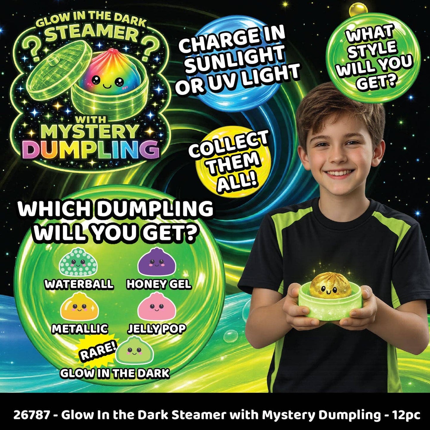 Glow-in-the-Dark Mystery Dumpling Squishy Toy shown with glowing sensory features; labeled as “Glow-in-the-Dark Steamer with Mystery Dumpling Squishy.” Sizes available: standard.