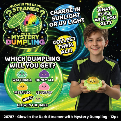 Glow-in-the-Dark Mystery Dumpling Squishy Toy shown with glowing sensory features; labeled as “Glow-in-the-Dark Steamer with Mystery Dumpling Squishy.” Sizes available: standard.