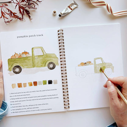 Autumn Watercolor Workbook featuring a green pickup truck with pumpkins. Available in 8x10" and 11x14" sizes.