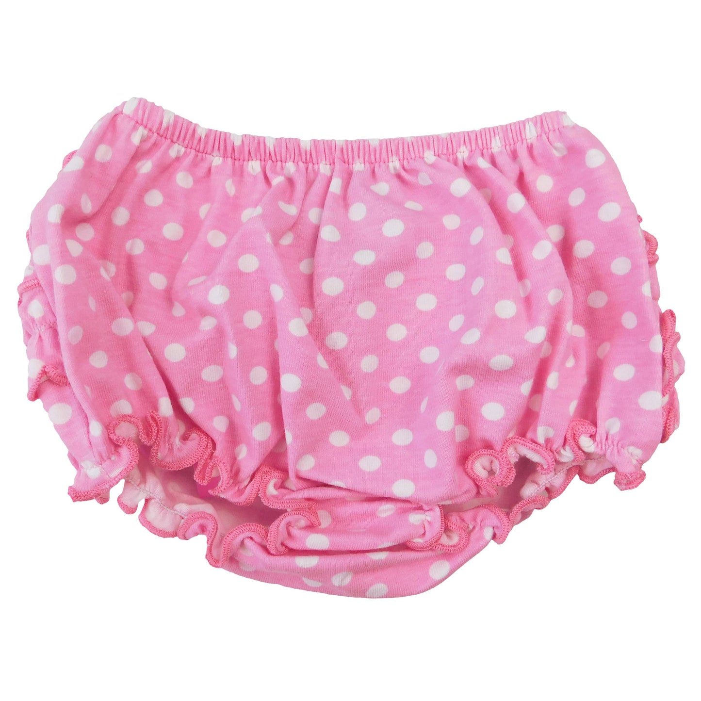 Pink Polka Dot Knit Ruffled Baby Bloomers: 12-24 mo with white polka dots and ruffled edges, isolated on a white background.