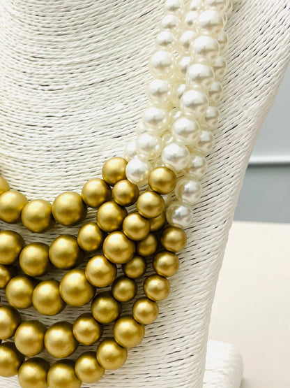 CHIC - 5-Strand Pearl Necklace (white/matte gold) NK891 with three matte gold pearl strands and two graduated white pearl strands. Sizes available: S, M, L.