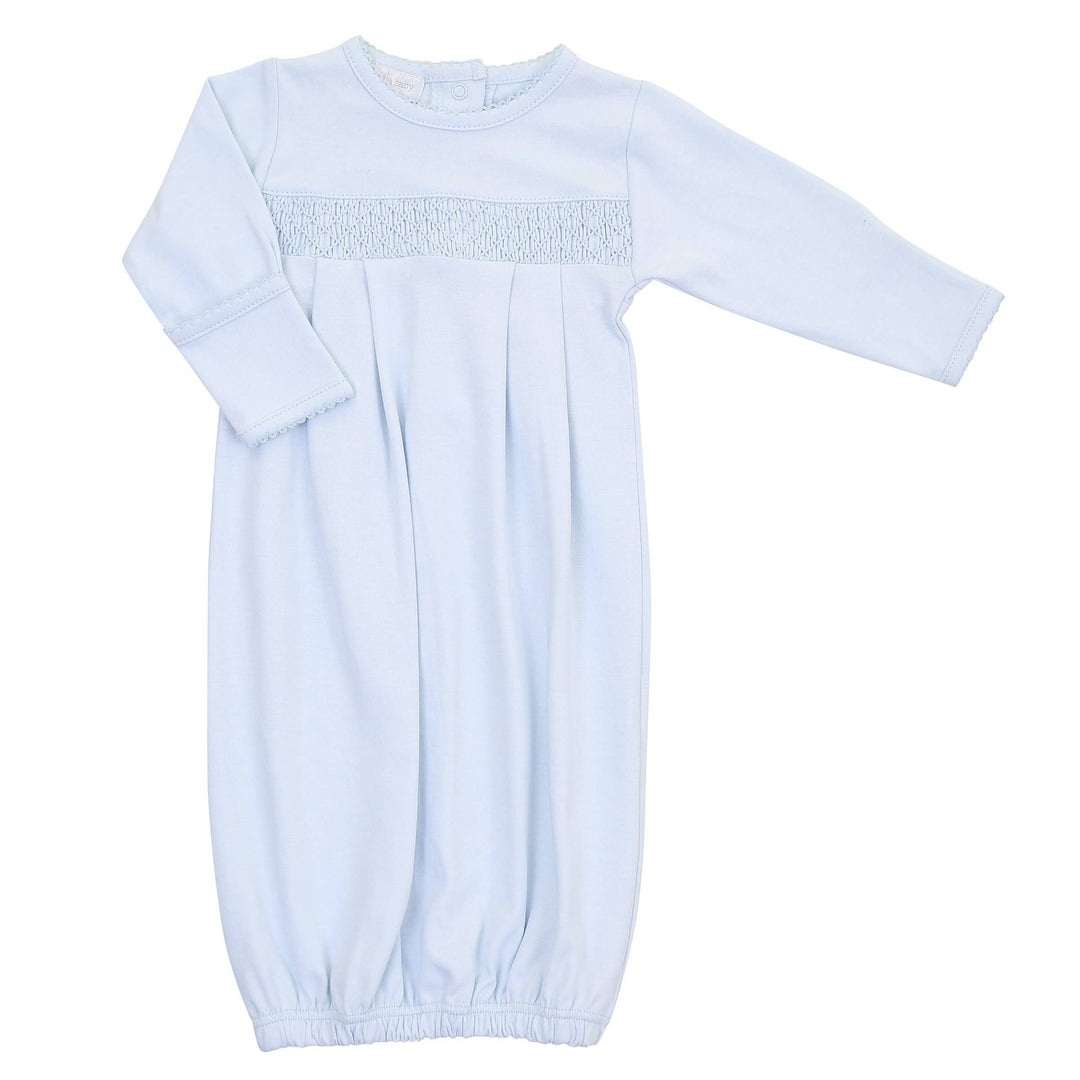 Light blue, long-sleeve 100% cotton baby gown with smocked chest and elastic cuffs. Sizes: newborn, 0-3M, 3-6M.
