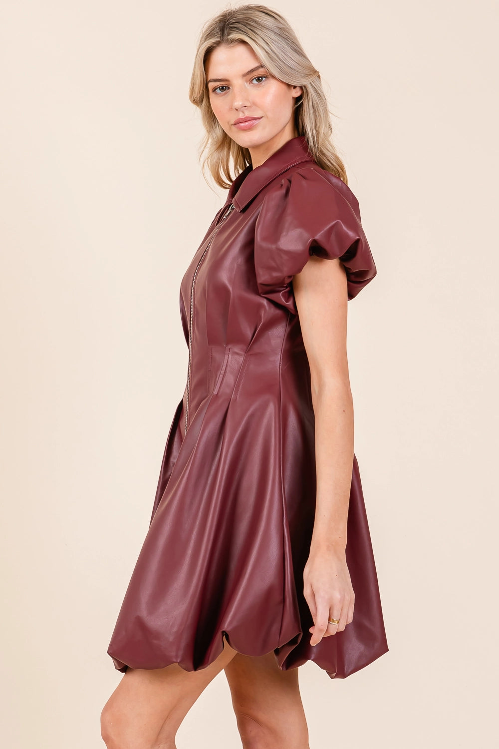 Faux Leather Puff Sleeve Shirt Mini Dress in wine color, featuring puff sleeves and a collar. Available sizes: XS, S, M, L, XL.