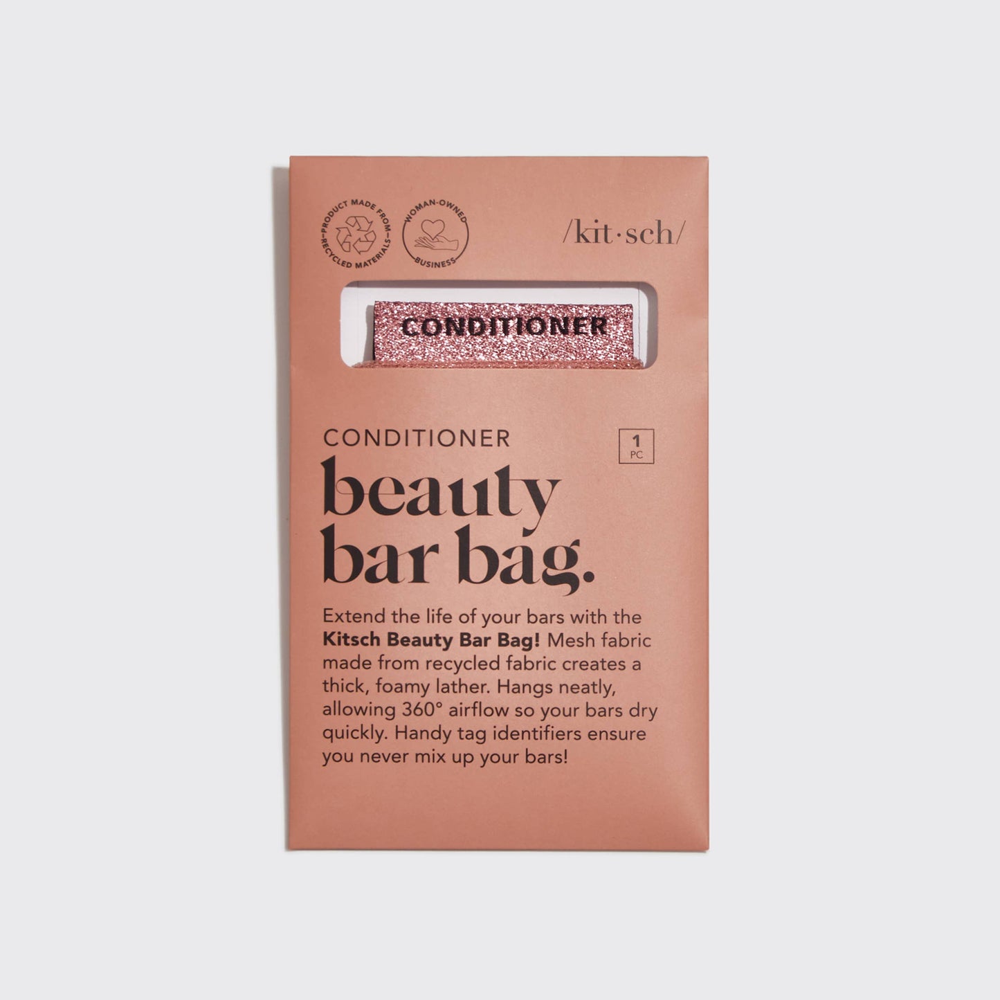 Terracotta RPET Beauty Bar Conditioner Bag with pink mesh, labeled "CONDITIONER". Available in one size.