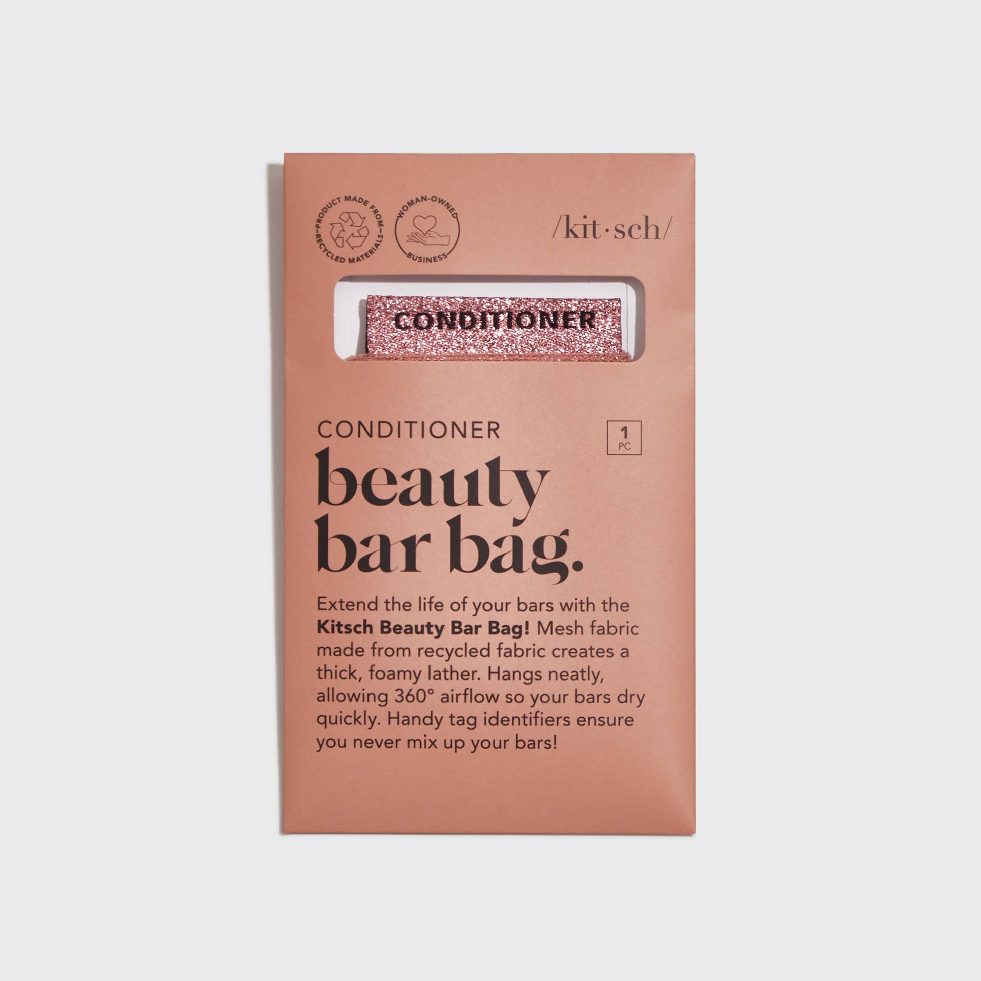 Terracotta RPET Beauty Bar Conditioner Bag with pink mesh, labeled "CONDITIONER". Available in one size.