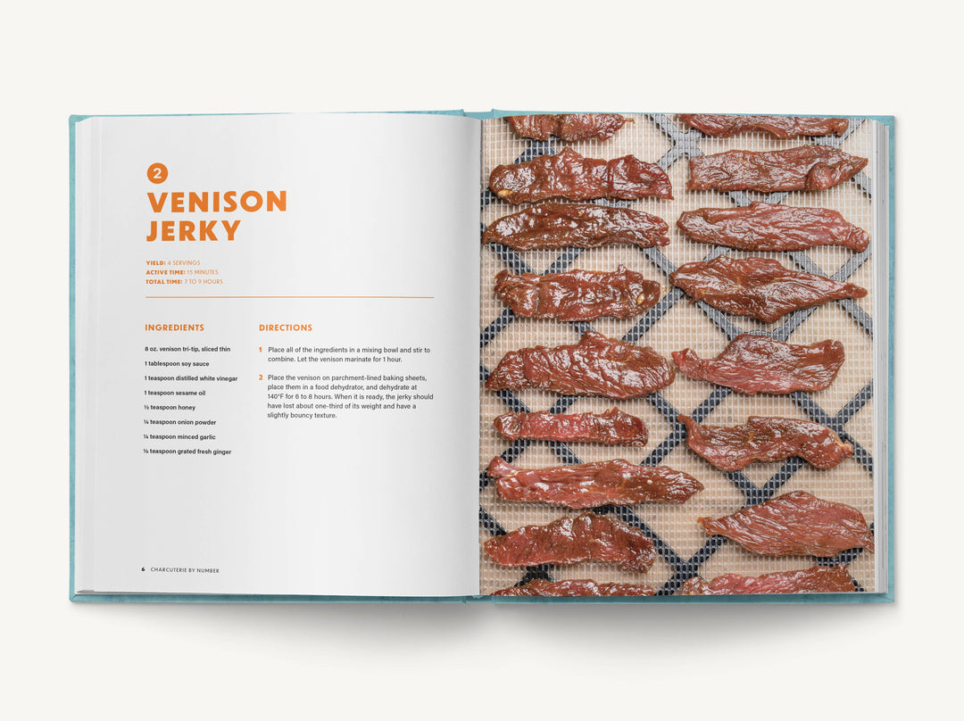 Charcuterie by Number: Showstopping Boards &amp; Recipes" open to venison jerky recipe. Available in standard hardcover size.