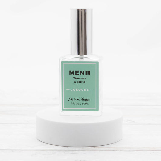 30 mL clear glass Men’s I (Timeless & Torrid) Cologne Spray bottle. Sizes and scent: 30 mL, sophisticated and long-lasting.