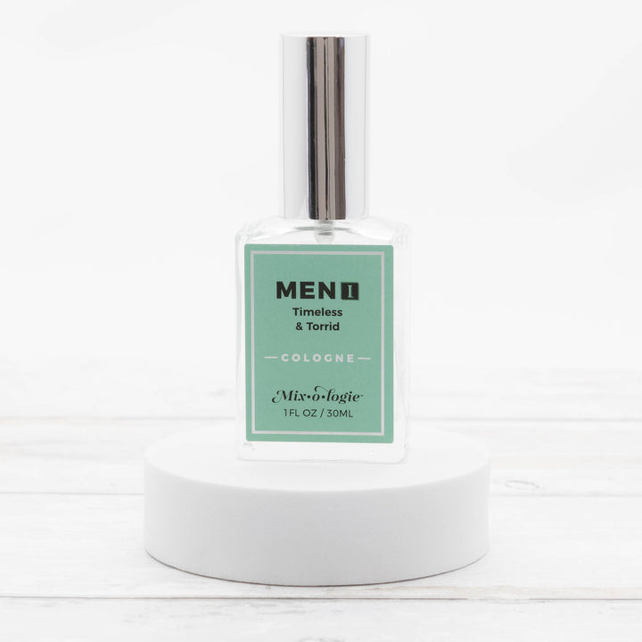 30 mL clear glass Men’s I (Timeless &amp; Torrid) Cologne Spray bottle. Sizes and scent: 30 mL, sophisticated and long-lasting.