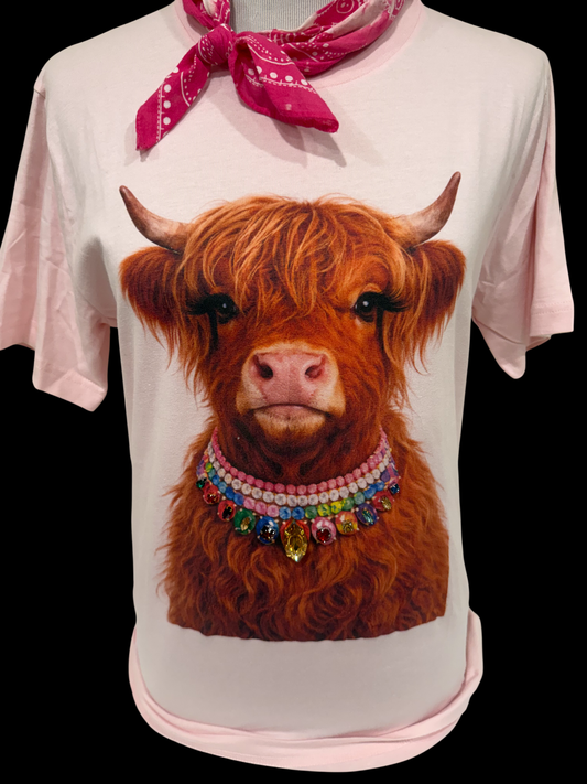 Light pink crewneck t-shirt with Jeweled Collar Highland Calf design (no bling), available in size Medium and additional sizes.