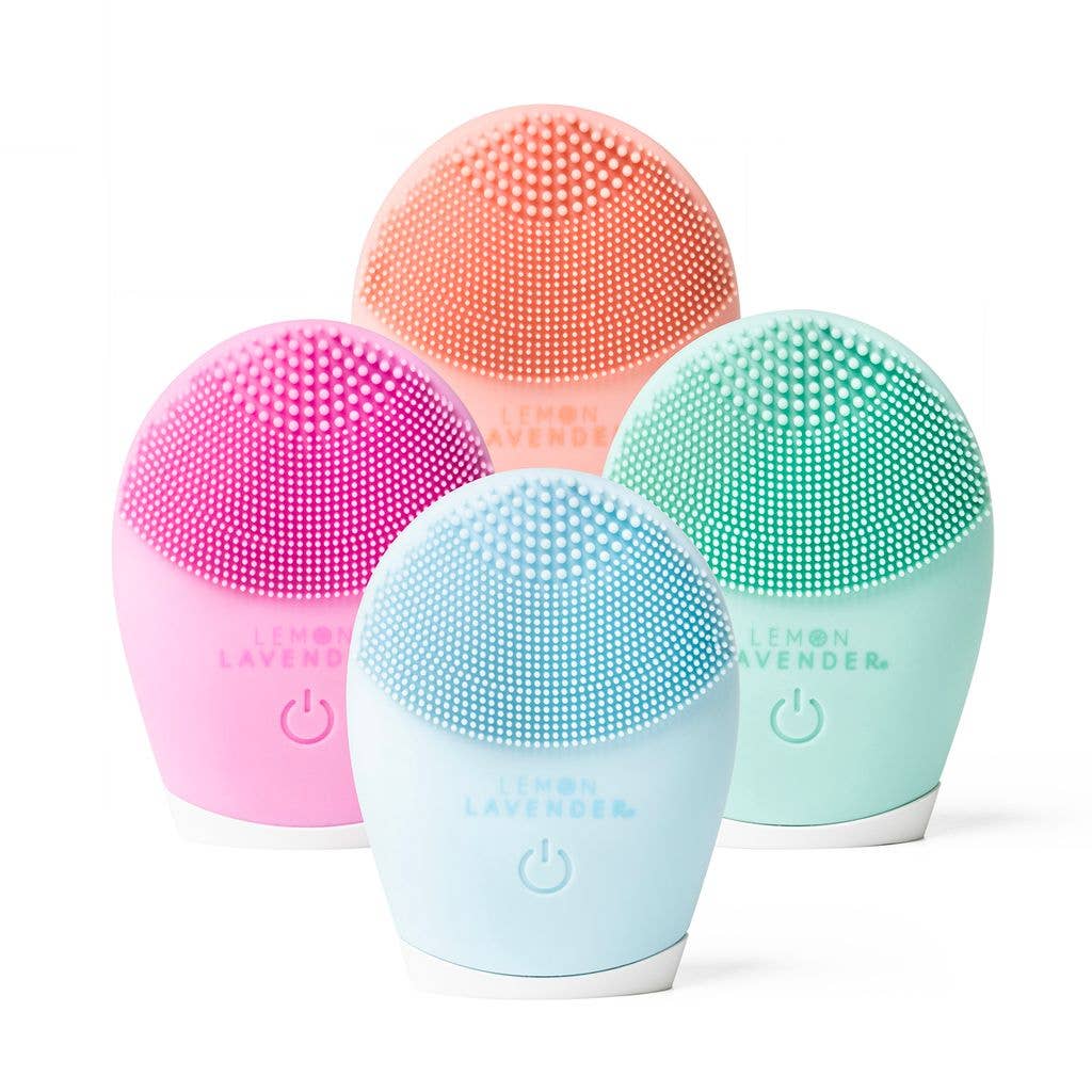 Lemon Lavender It's a Vibe Sonic Cleanser Brushes in pink, coral, blue, and mint green with silicone bristles. Sizes: S/M/L.