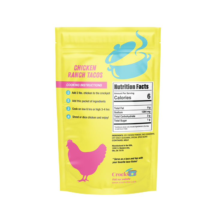 Yellow "Chicken Ranch Tacos" pouch with instructions, nutrition info, pink chicken graphic. Size options not shown.