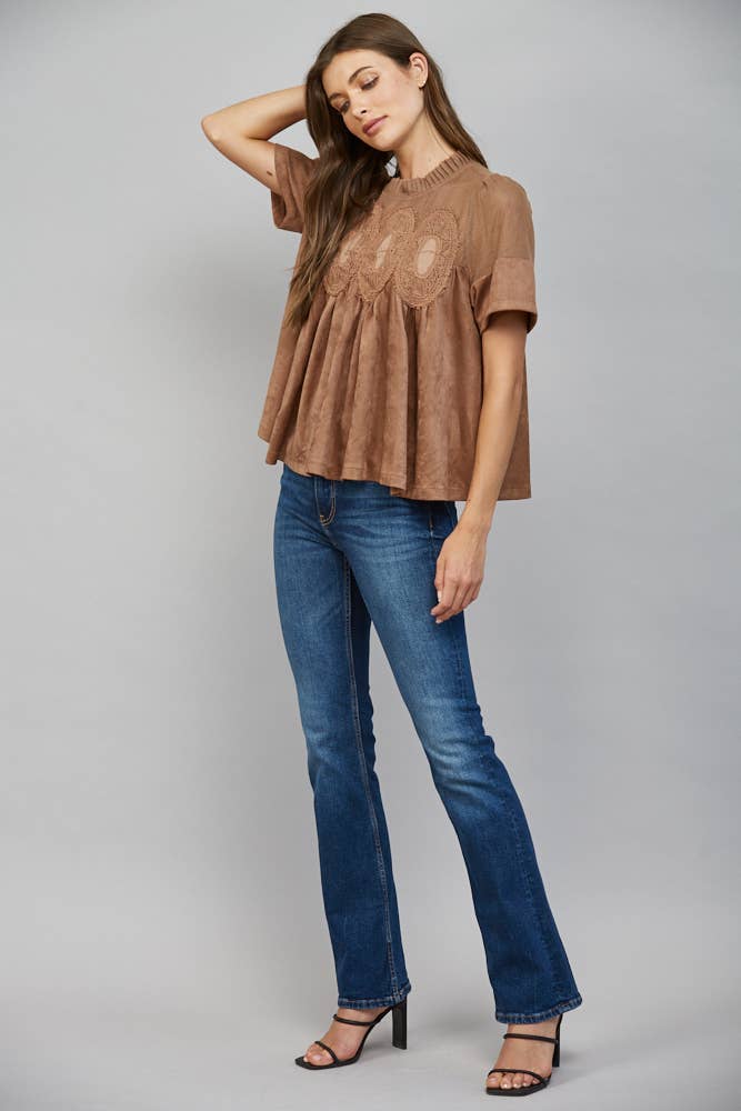 Teal blue faux suede top, size M, with sheer mesh upper panel and lace applique.