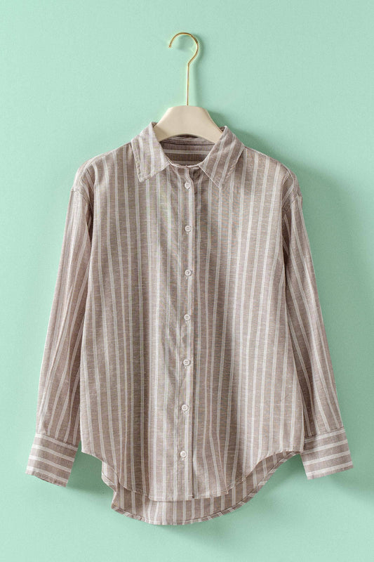 Mocha Striped Linen Blend Button Up Shirt with beige and white stripes, long sleeves, relaxed fit. Sizes: S, M, L, XL.