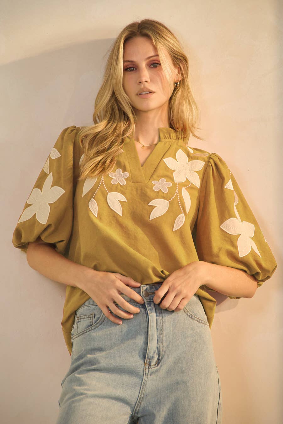 Washed Suede Top in Camel, size S shown; available in sizes XS–L.