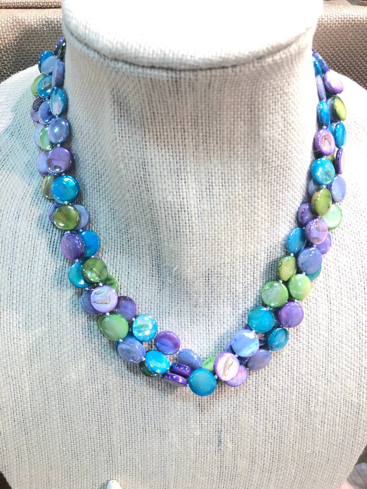 Mother of Pearl 3 Strand Necklace with magnet clasp, twisted design, blue, purple, green beads. Available in 16", 18", 20".