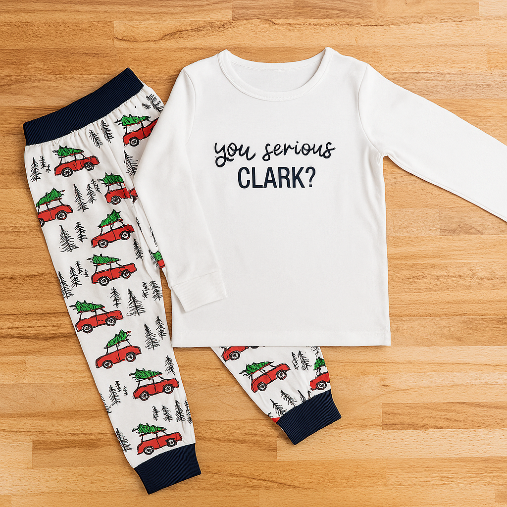 Cozy You Serious Clark? cotton 2-piece boy clothes set in size 3-4T, includes a white long-sleeve top with “You serious CLARK?” print and matching white pants with red cars carrying Christmas trees and pine tree patterns.
