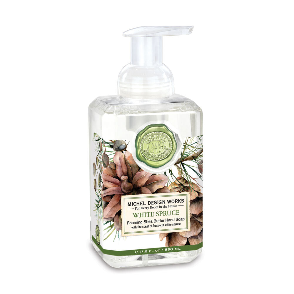 White Spruce Foaming Hand Soap, 17.8 fluid ounces, in a clear bottle with pinecone and needle label.