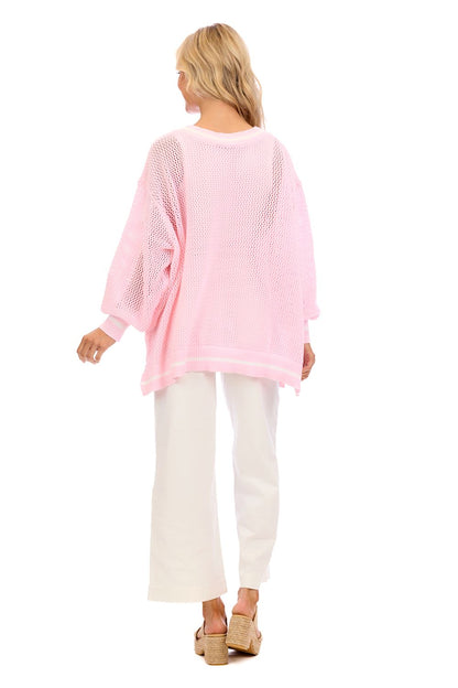 Americana Flag Sweater: light pink, open-knit, V-neck. Available in sizes XS–XL.