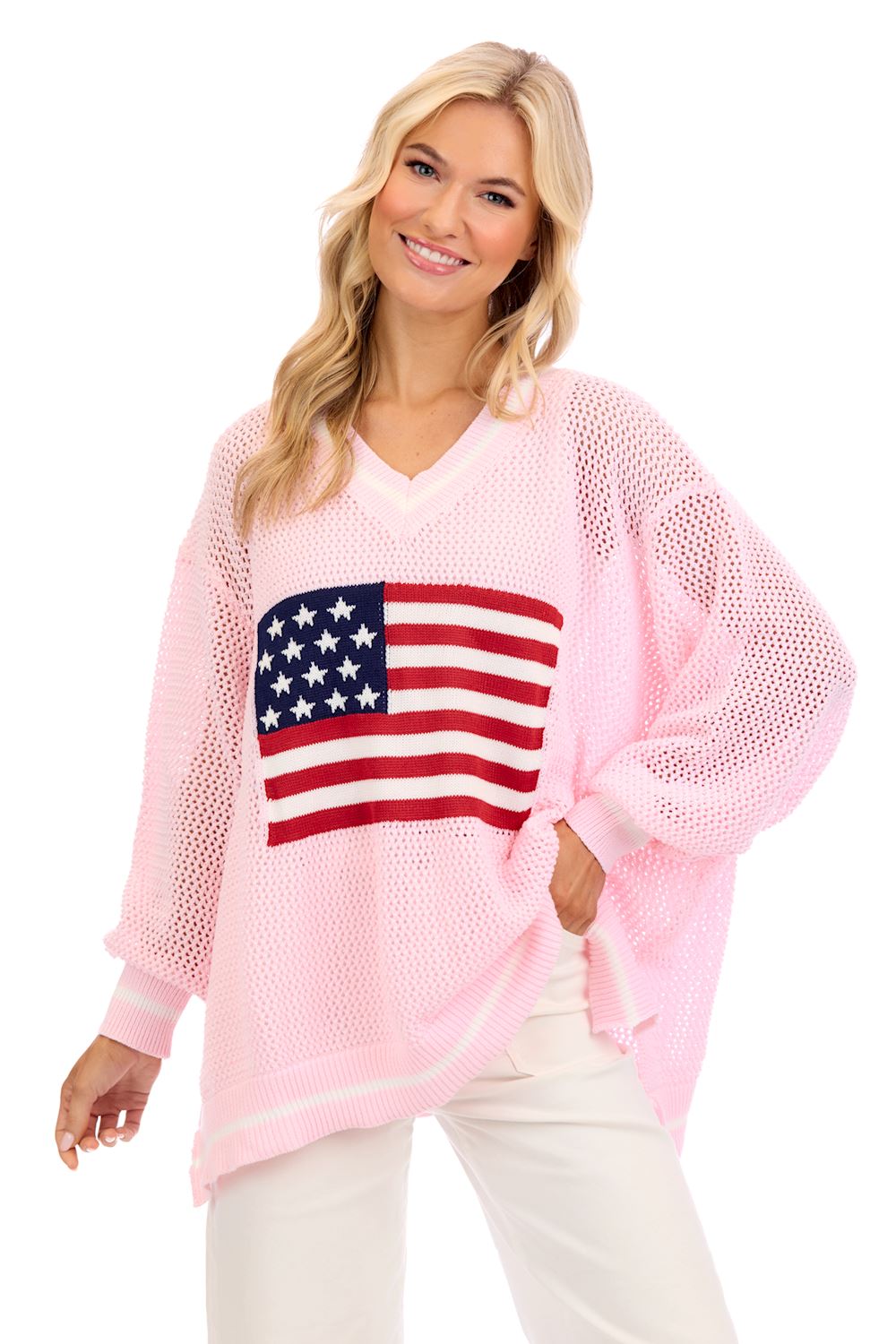 Americana Flag Sweater with American flag design on front. Available in sizes S-XL.