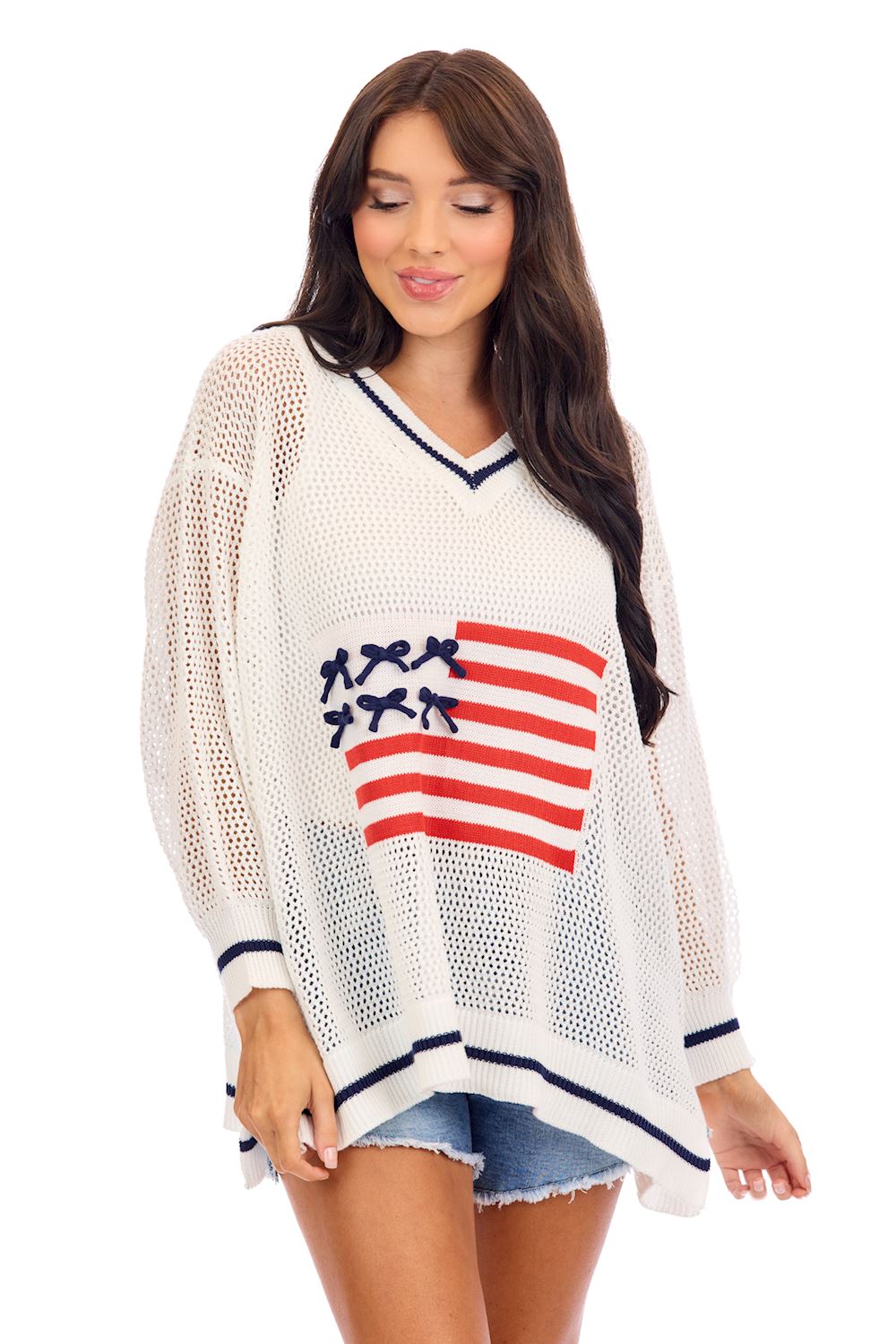 Americana Flag Sweater: loose V-neck, navy trim, red-and-white stripes. Available in sizes XS-XL.
