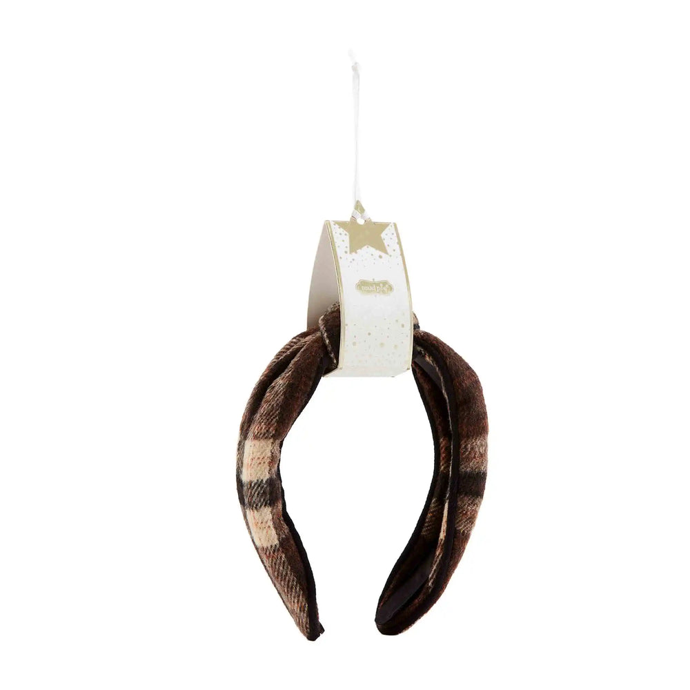 Fuzzy brown and tan knotted plaid headband.