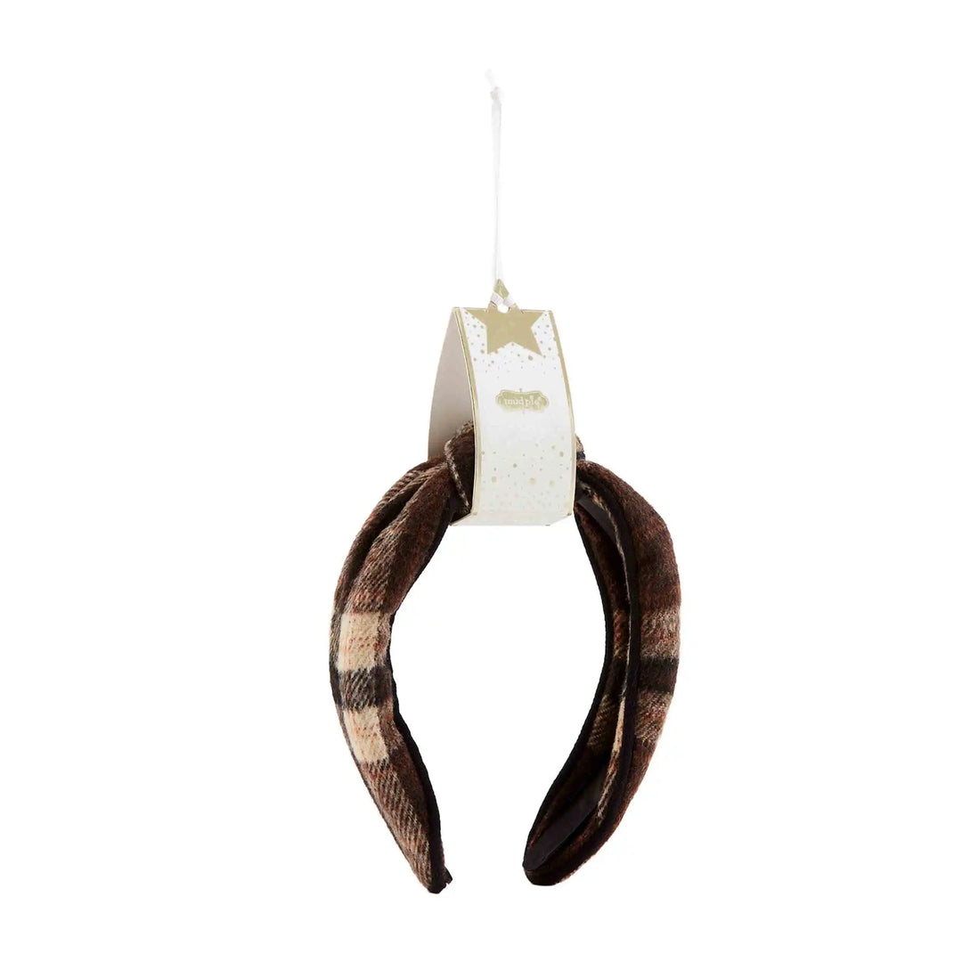 Fuzzy brown and tan knotted plaid headband.