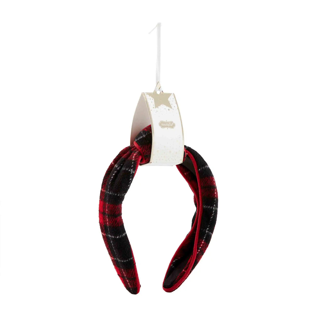 Fuzzy red and black plaid knotted headband.