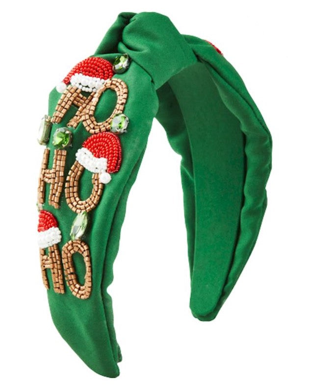 Holiday Beaded Headbands: Features "HO HO HO" in gold beads, red and white Santa hats, green gemstone embellishments. Available sizes: One size fits most.