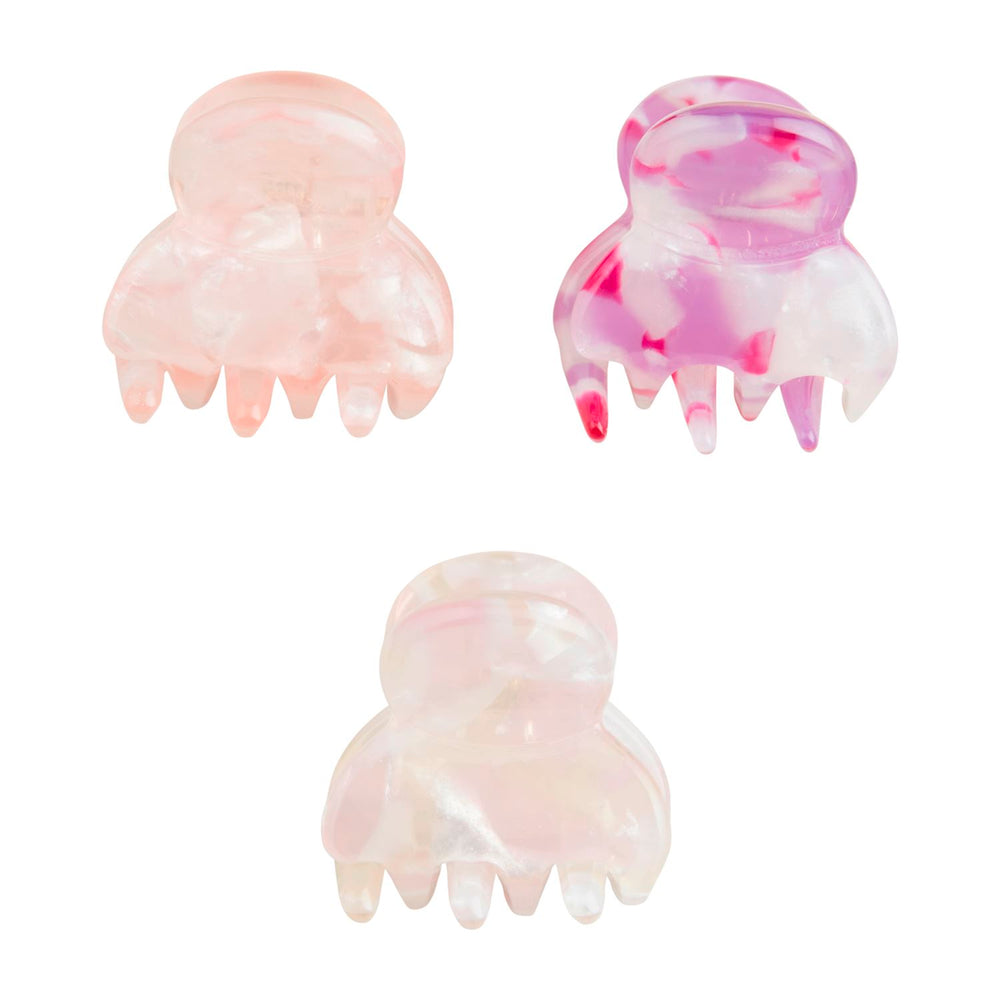 Mini Claw Clip Ornament Set with three mini claw clips in translucent peach, pink-and-white marble, and pale pink marble.