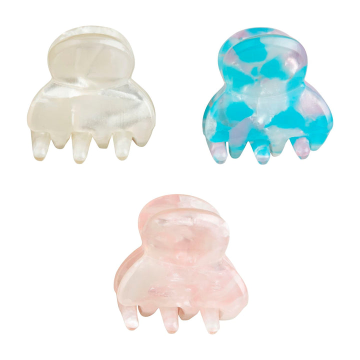 Mini Claw Clip Ornament Set with three mini clips in translucent white, blue and purple mottled, and pink marble patterns.