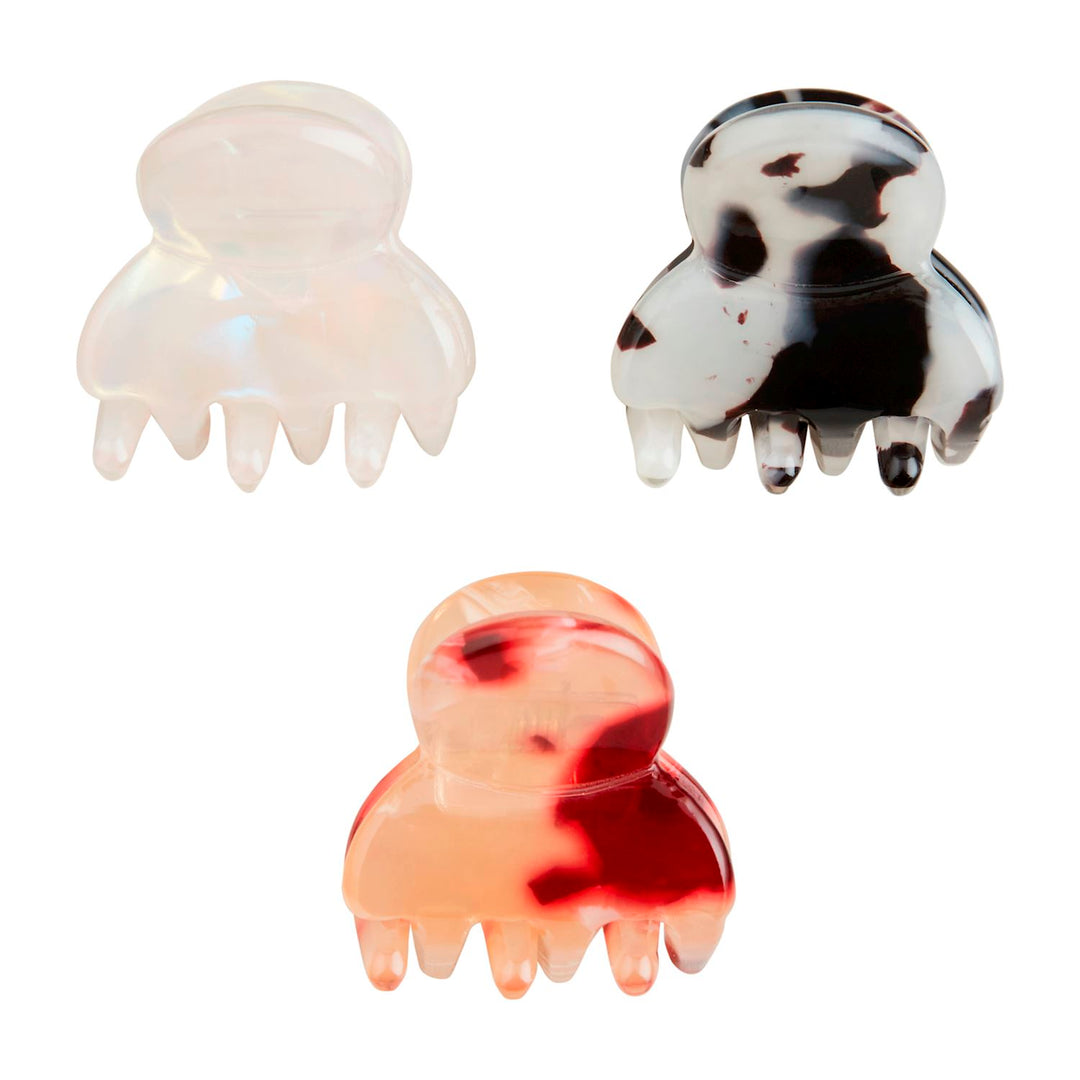 Mini Claw Clip Ornament Set, featuring three mini claw clips in translucent white, black and white tortoiseshell, and red and peach marbled patterns.