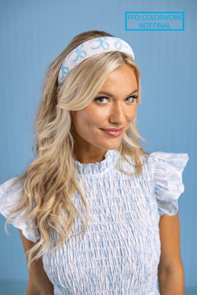 Beaded Bow Headband shown; sizes available: S/M, M/L. "FPO: COLORWORK NOT FINAL" displayed in the top right corner.