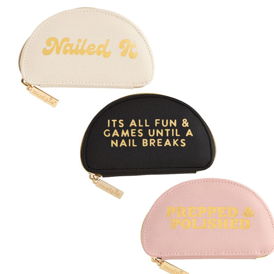 Three semi-circular zippered pouches. 

- Color: White, Text: "Nailed It" in gold.
- Color: Black, Text: "It's All Fun & Games Until A Nail Breaks" in gold.
- Color: Pink, Text: "Prepped & Polished" in gold.

Sizes available:
- Small
- Medium
- Large