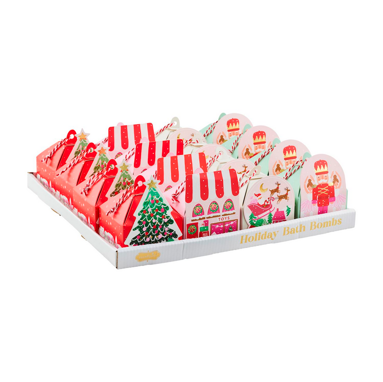 Holiday Bath Bomb ornament gift boxes featuring nutcracker, Santa’s sleigh, and Christmas tree illustrations.