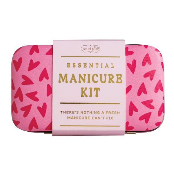 Pink manicure kit case with red hearts, cream band label; available in small, medium, and large sizes.