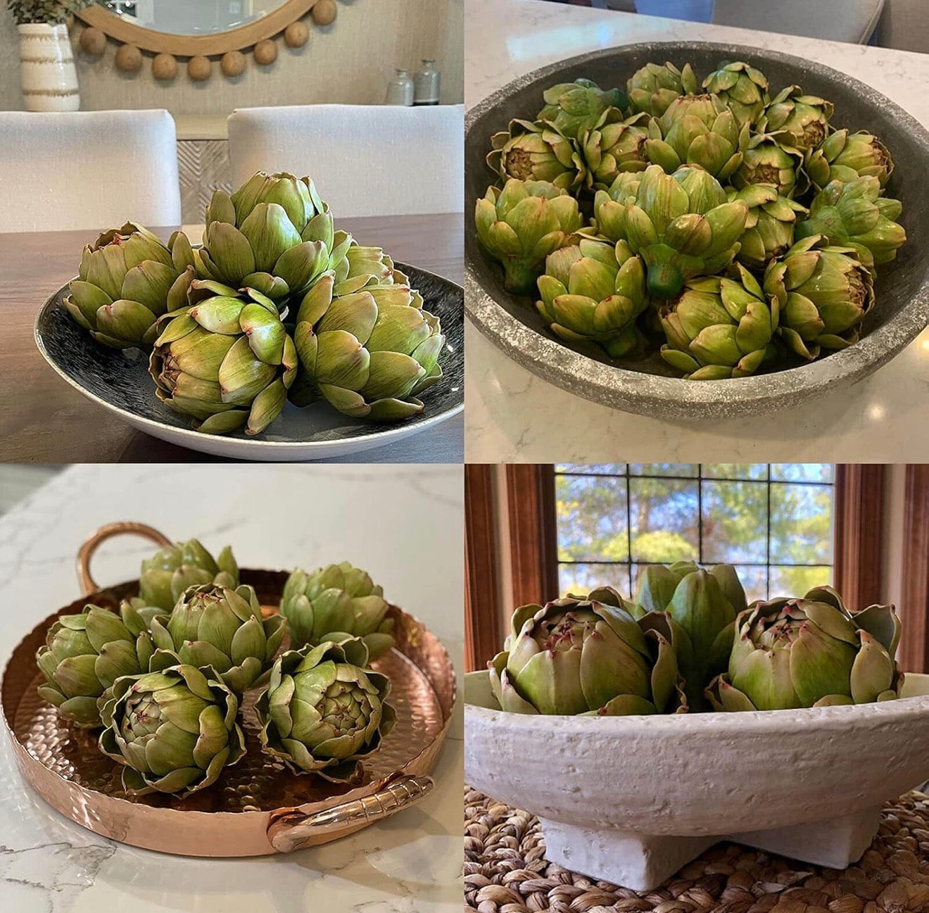 Faux Artichoke Decor in bowls of black, gray stone, copper, or white ceramic. Available in small, medium, and large sizes.